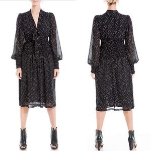 NEW MAX STUDIO Black CHIFFON Smocked Waist POLKA DOT Neck Tie MIDI DRESS XS